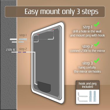 Дзеркало для ванної кімнати Venti 50x70 см з підсвічуванням та сенсорним вимикачем