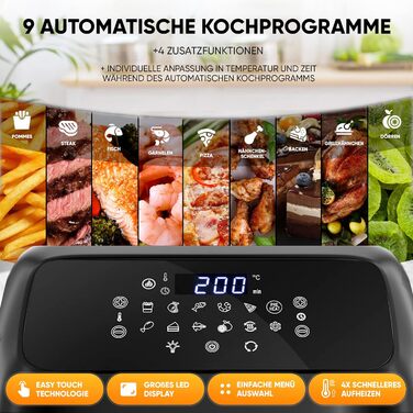 Stillstern Hot Air Fryer 12L with LED Touchscreen, XXL Recipe Book in German, 12 Programs, Preheating & Keep Warm, 1800W Hot Air Fryer Air Fryer XXL without Oil, Dehydrator, Mini Oven, Camping Grill, Black