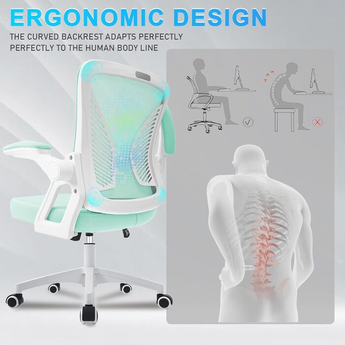 Офісний стілець з регульованими підлокітниками, ергономічний, з сітчастою спинкою, підтримкою попереку, регульованою висотою, м'яким сидінням, поворотний на 360°, (зелений)