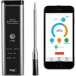 Беспроводний термометр для м'яса TFA Dostmann SMART BBQ 70 м, 14.1515.10 - для гриля/духовки/фритюрниці, миється, чорно-сірий