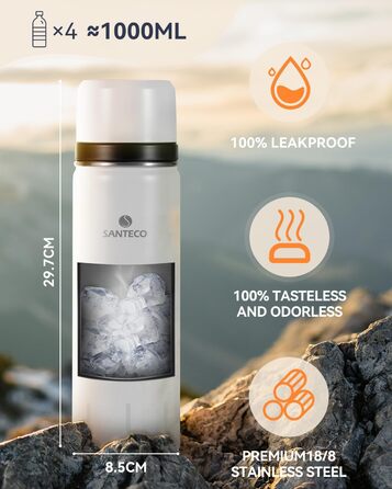 Термос-термокана з нержавіючої сталі SANTECO 1л, 500мл, не протікає, з кришкою-чашкою для подорожей. Термос для кави та чаю для дітей, спорту, без BPA, 24 години холод, 12 годин тепло (білий, 1000 мл)