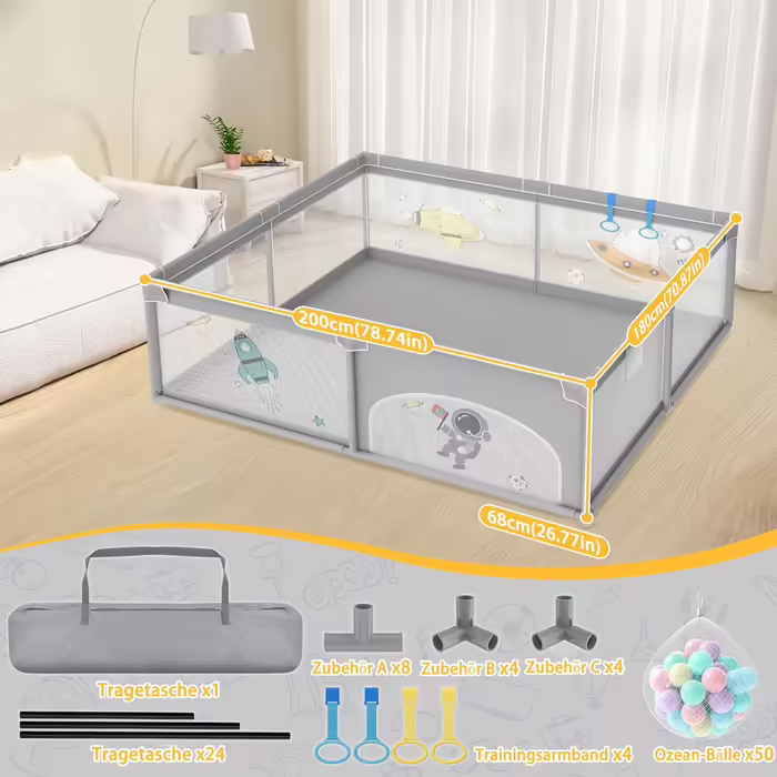 UISEBRT Playpen Baby 180x200cm Playard for Baby with 50 Ocean Balls & 4 Pull Rings & Carry Bag, Folding Playpen Tent with Breathable Mesh for Children, Blue with Animal Motifs 180x200x68cm Blue with Animal Motifs