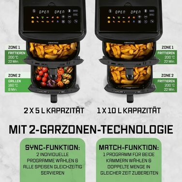 Фритюрниця повітряна Gourmetmaxx AirGenius 9 л (2 x 4,5 л) з 8 програмами | 2 камери для приготування 2 страв одночасно | Сенсорний дисплей | Для 8 осіб