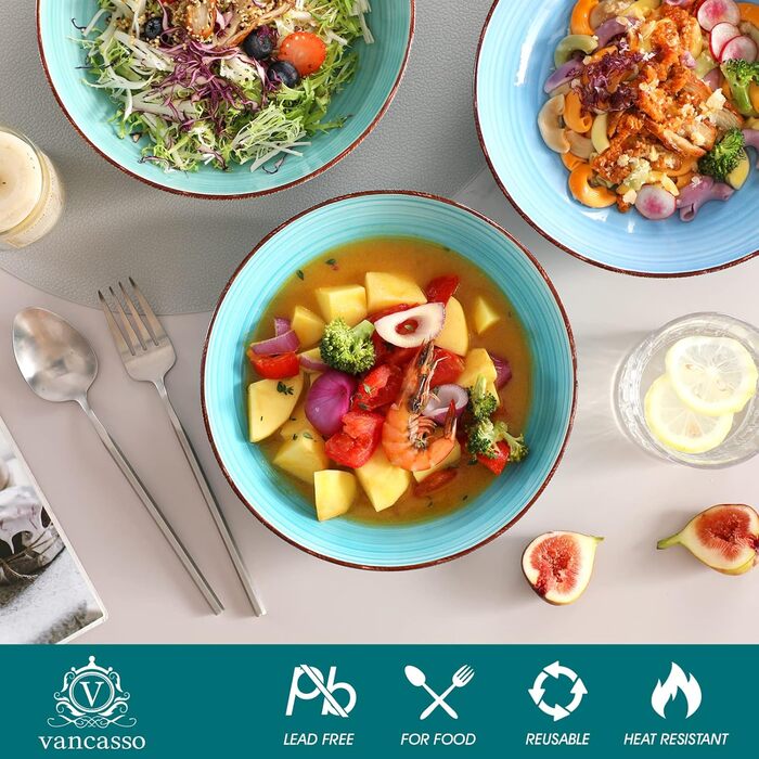 Набір супових тарілок Vancasso Bonita (6 шт) з кераміки, 38oz, блакитні