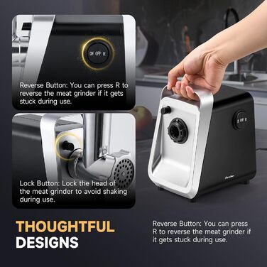 М'ясорубка електрична Hanchen 4-в-1 з насадками для ковбас та печива, 3 диски (3.5/5/7 мм), нержавіюча сталь