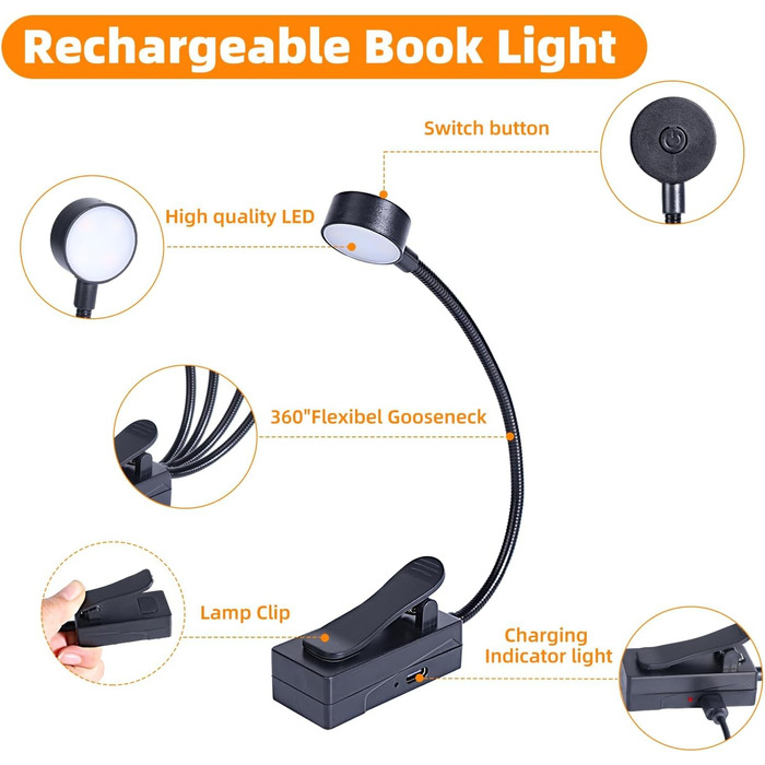 KunHe Лампа для читання на ліжку з USB зарядкою - 3 режими освітлення та 3 рівні яскравості, легка та компактна