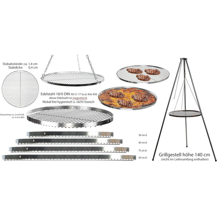 Stainless Steel Grill Grate Swivel Grill Suitable - Stainless Steel 18/0 ASI 430 Nickel-Free - Ø 50 cm