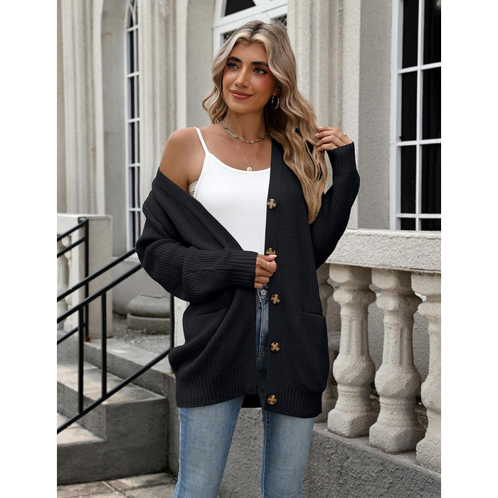 Жіночий в'язаний кардиган Zeagoo з довгими рукавами, з ґудзиками, вільний крій, V-подібний виріз, грубий в'язання, повсякденна куртка, осінь/зима, чорний, XL