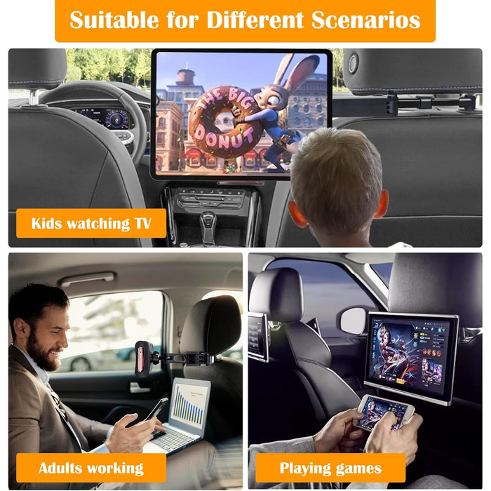 Тримач для планшета в авто: кріплення на підголівник, 360° обертання, сумісний з iPad, Switch, Kindle (4.7-13 дюймів), чорний