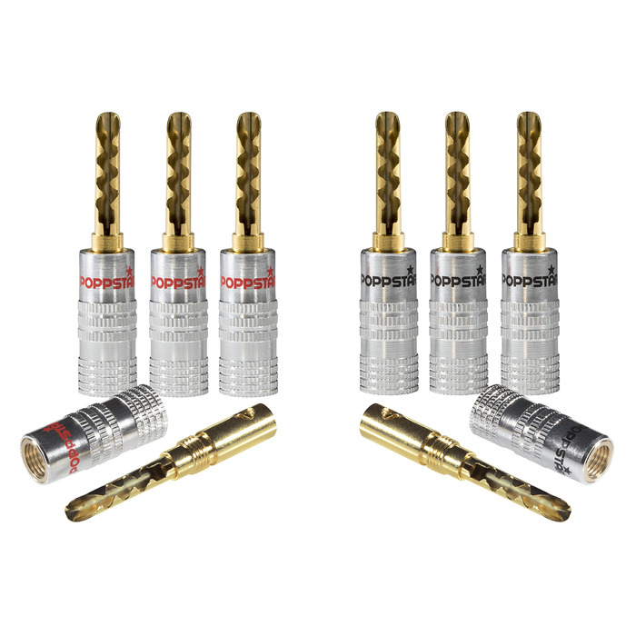 Набір поглибних бананових роз'ємів POPPSTAR (24 шт.), 24K золоте покриття, для кабелів до 6мм², кольори: чорний (12 шт.) та червоний (12 шт.)