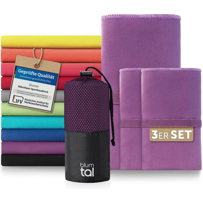 Рушник з мікрофібри Blumtal 120x60 см, легкий та надзвичайно поглинаючий - швидковисихаючі рушники з мікрофібри - ідеальний фітнес рушник/пляжний рушник/рушник для спортзалу - компактний рушник для подорожей (Ліловий, набір 3 шт: 180 x 90 см + 2x 80 x 40 