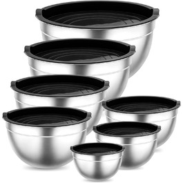 Mixing Bowl Set, Stainless Steel Bowl Salad Bowl 7-Piece Set with Airtight Lid, Nesting & Dishwasher Safe, 6.5L / 4.5L / 3L / 2.5L / 1.5L / 1.2L / 0.7L - Black