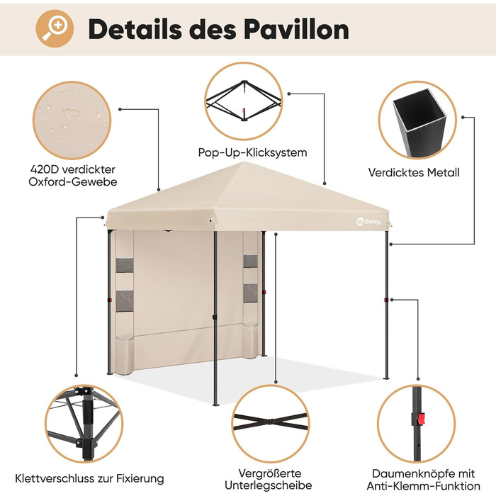 Sekey One-Touch Pop-Up Pavilion 3x3 Waterproof Stable Winter-Proof, Folding Pavilion 3x3m with Thickened Tubes, Party Tent Pavilion Foldable for Camping Festival Party, (Khaki, with Back Wall)