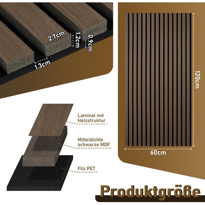 Акустичні панелі з дерева та фетру 120x60 см, набір 4 шт (2,88 м²), звукопоглинаюча стінова облицовка для покращення акустики приміщення, колір Чорний горіх
