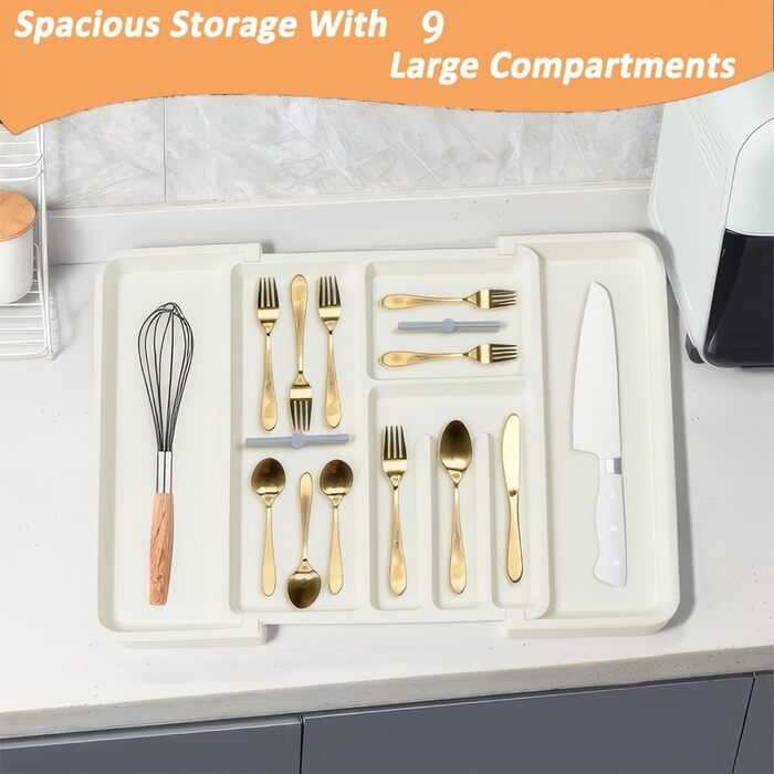 Органайзер для столових приборів ZHUlYIWIN в шухляду, розсувний, з тримачами для ножів, білий