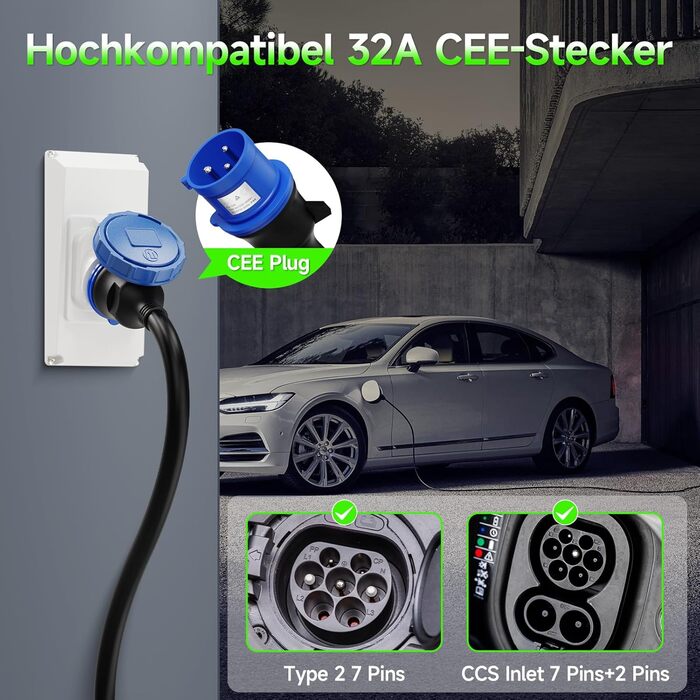 Кабель для зарядки електромобіля Type 2 CEE 6м (7.2kW, 6-32A, 1 фаза) + Schuko, регульований струм