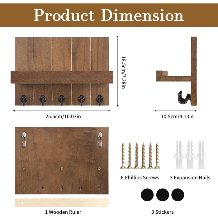 Дерев'яне ключове дощечка з полицею, 5 гачків, для прихожої, спальні, вітальні (колір: коричневий)
