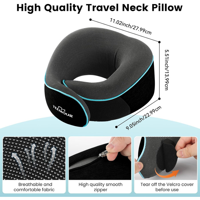 Подушка для шиї у літак з Memory Foam, 360° підтримка, з чохлом, маскою для очей та берушами, регульована подушка для подорожей (Чорний)