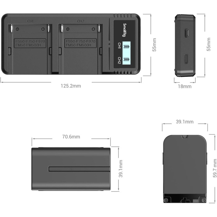 Запасні акумулятори SMALLRIG 7800mAh (2 шт.) для Sony NP-F970 та швидкий зарядний пристрій USB Dual Charger для NP-F970, NP-F960, NP-F950, NP-F930, NP-F550, NP-F570, NP-F750, відеокамери