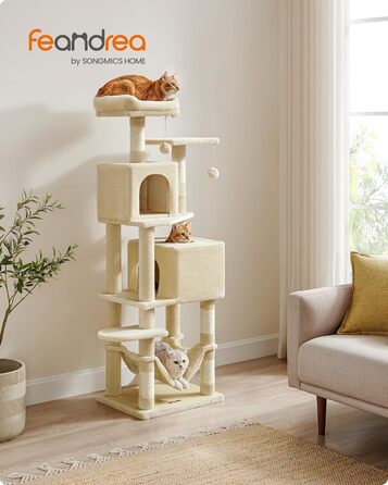 Драбина для котів Feandrea, 155 см, з 5 стовпчиками для шліфування, 2 платформами, 2 будиночками, гамаком, 2 іграшками-кульками, плюш, багатоярусна, бежева, PCT192M01