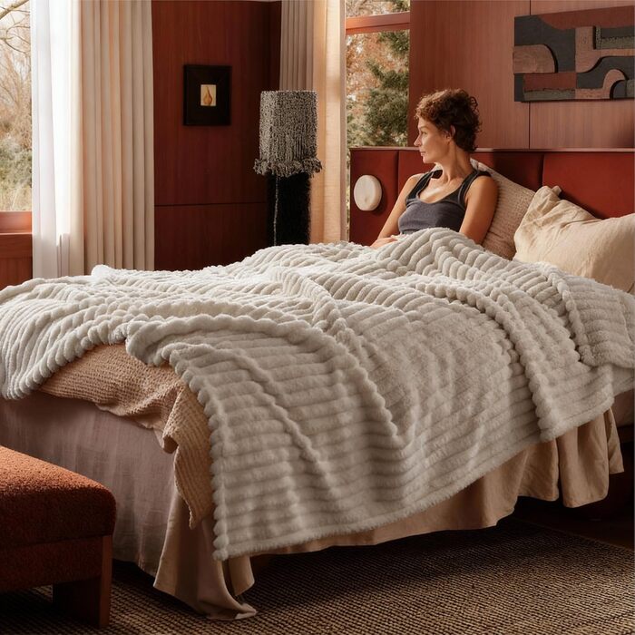 BEDSURE Плед великого розміру 220x240 см - теплий плед, вовняний та флісовий плед, ковдра на диван, плед з грубої в'язки для декору кімнати, бежевий