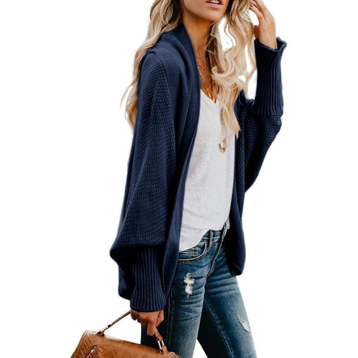 Кардиган жіночий Mafulus оверсайз, вільний крій, в'язаний, кімоно, з відкритим спереду, в стилі фledermausflügel, темно-синій