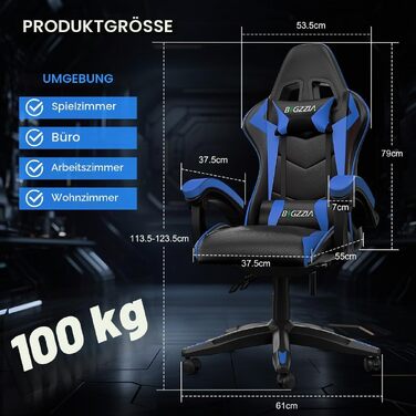 Ігрове крісло Bigzzia Gaming Stuhl з Bluetooth-динаміками, відкидний підголівник 90-135°, ергономічний дизайн (Синій)