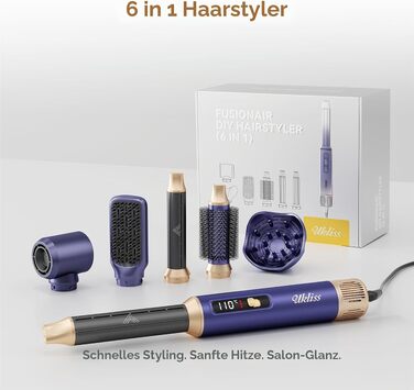 Мультистайлер для волосся 6 в 1 UKLISS Air Styler Set з дифузором, фен-щітка та вирівнювач для волосся, 1000 Вт, LCD-дисплей, Gold Blau