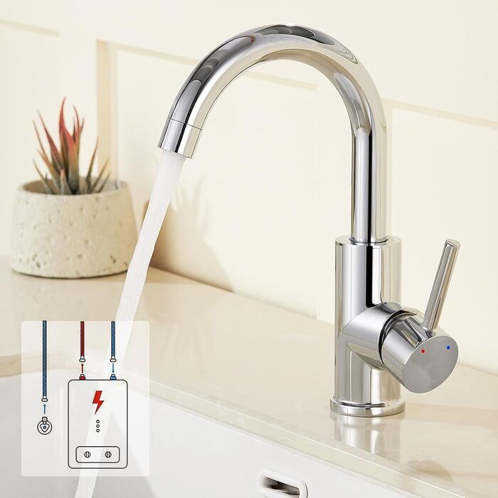 Кухонний змішувач Auralum для низького тиску, 360° обертання, 3 підключення, з міді з хромовим покриттям