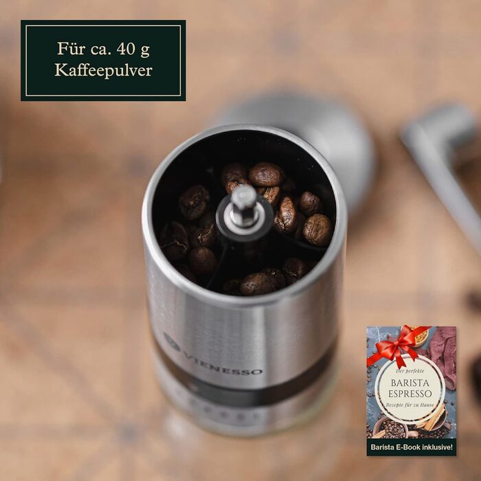 VIENESSA Coffee Grinder Manual/Hand with Ceramic Burr | manual coffee and espresso grinder with 6 grind settings | hand coffee grinder made of stainless steel and glass container + E-Book (silver)