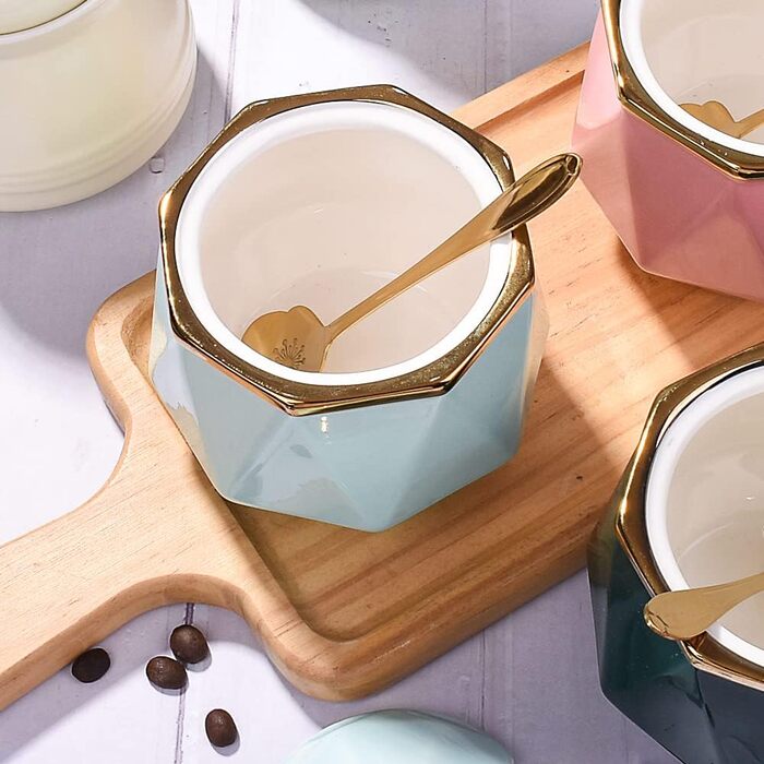 Sugar bowl with lid and spoon, ceramic sugar bowl, multifunctional sugar container, spice container, salt shaker, spice bowls, sugar bowl for kitchen, storage, organization, 280 ml (blue)