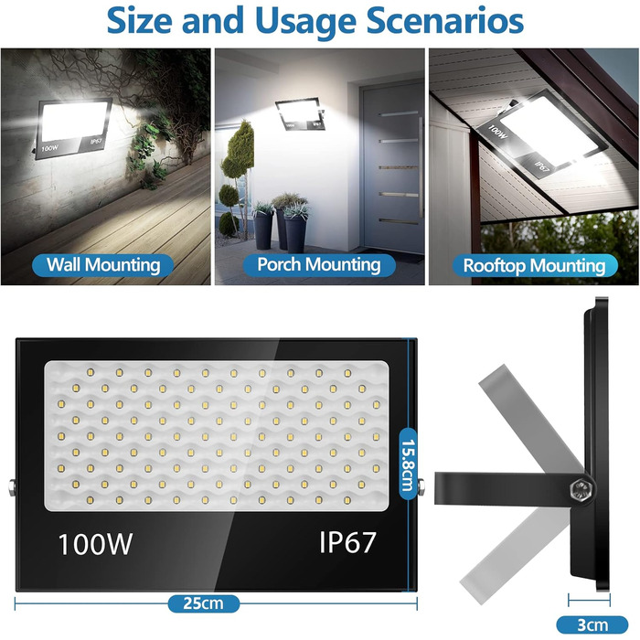 200W LED Floodlight Outdoor, 20000LM LED Spotlight, 7000K Cool White Spotlight, IP67 Waterproof Floodlight, for Backyard, Courtyards, Garage, Hallway, Garden (100W-1PC)