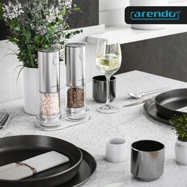 Електричні млини для спецій Arendo – набір з солі та перцю, нержавіюча сталь, керамічний механізм, LED-підсвічування, акумулятор, щітка та воронка