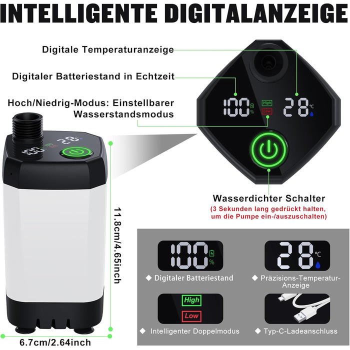 Портативна кемпінгова душ з акумулятором 6000mAh, з насосом та індикатором температури, набір для кемпінгу, відпочинку на природі, миття авто, пляжу, подорожей, для тварин, білий