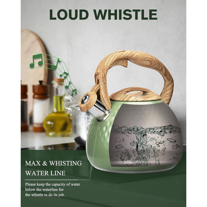 Чайник для заварювання чаю Teekessel 2,7 л з емальованим покриттям зеленого кольору з імітацією дерева, з носиком, з нержавіючої сталі, антижаровий ручка оливкового кольору