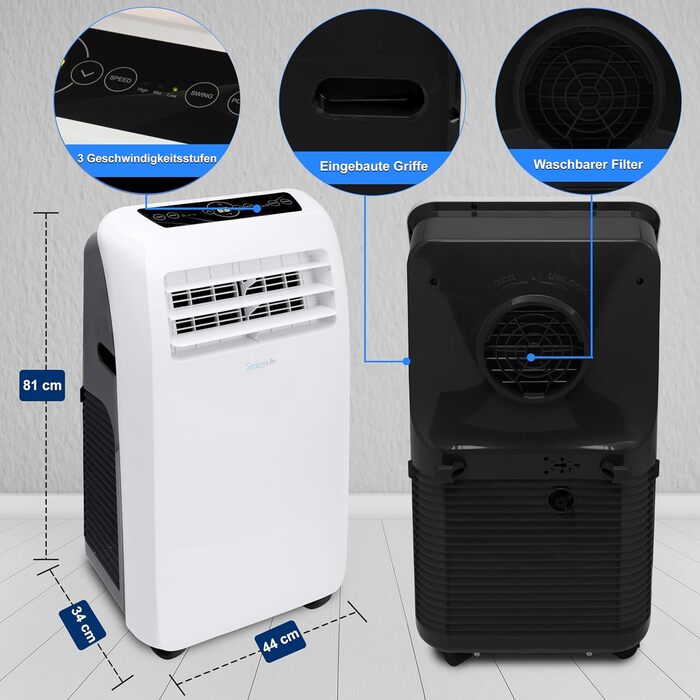 Мобільний кондиціонер SereneLife 9000BTU - 3-в-1: кондиціонер, вентилятор, осушувач повітря. Для приміщень до 42 м², білий.