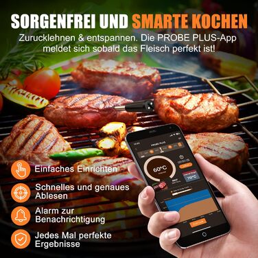 INSMART Wireless Meat Thermometer, Bluetooth Grill Thermometer 100m, IPX7 Waterproof Roasting Thermometer with Smart APP, Cooking Meat Thermometer for Oven, Grill, Smoker, Rotisserie, Air Fryer