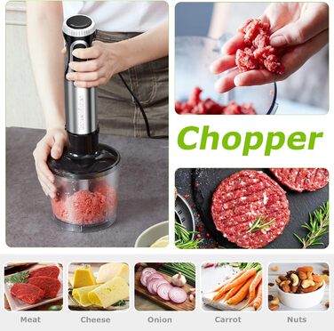 Bonsenkitchen Immersion Blender, 4-in-1 Electric Stick Blender, 1000W Variable Speeds, Stainless Steel, Whisk, 500ml Chopper and 700ml Measuring Cup for Baby Food, HB3203 (Black)
