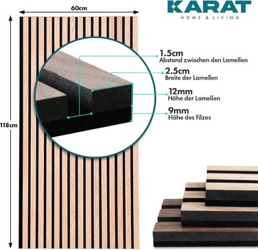 Акустичні настінні панелі KARAT з натурального шпону дуба (White Oak), ламелі з дерева та фетру для шумоізоляції та звукопоглинання, 118 x 60 см