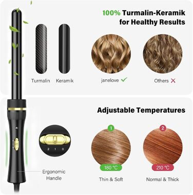 Janelove Welleneisen 3 Fässer: Керамічний локон для волосся 10-32 мм, 180°C/210°C, 5-в-1, з рукавичкою та кліпсами (Чорний)