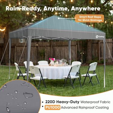 Sekey One-Touch Pop-Up Pavilion 3x3 Waterproof Stable Winter-Proof, Folding Pavilion 3x3m with Thickened Tubes, Party Tent Pavilion Foldable for Camping Festival Party, Grey