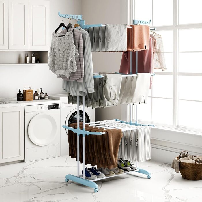 Сушарка для білизни GOPLUS 4-ярусна розкладна з 2 вішалками для одягу, 3 висувними полицями та полицею для взуття, з 4 колесами для використання в приміщенні та на вулиці (Синій колір)