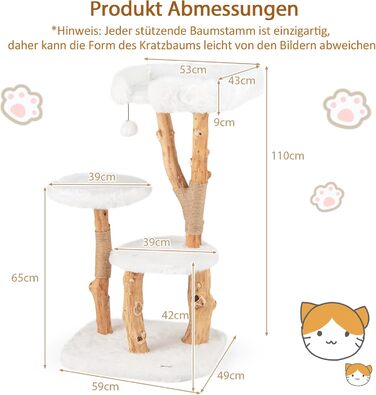 Дерев'яний кігтеточка для котів SOARS з 3-ма природними стовбурами, ліжко для котів та плюшеві поверхні, кігтеточка з іграшковим м'ячиком та джутовим мотузком, багатоповерхова, 59 x 49 x 110 см, білий колір