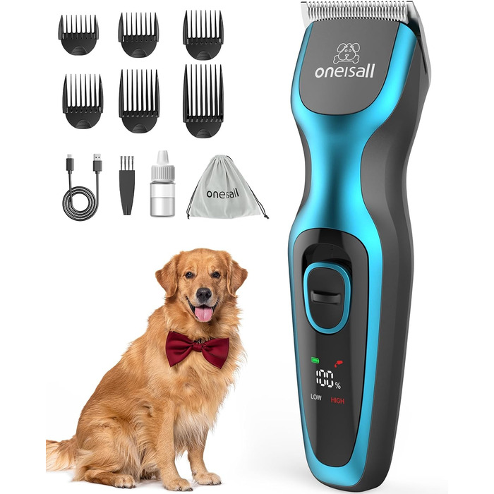 Професійна машинка для стрижки собак Oneisall для густого хутра, потужна та з металевою насадкою, бездротовий триммер для собак, Cockapoo, Пудель, блакитний