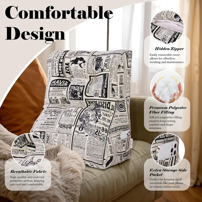 Вигнуте подушення для читання в ліжко, підголівник, клиновий подушок для підтримки спини, піднятий подушок для сидіння в ліжко або диван, знімний чохол (газета, 60 см)