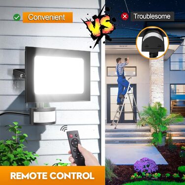 papasbox 2 Pack LED Floodlights with Motion Sensor and Light Sensor | Outdoor Floodlights/Spotlights with Remote Control | 6500K Cool White IP66 Waterproof Floodlight for Garden, Garage, Sports Field (50W, 2 Pack)