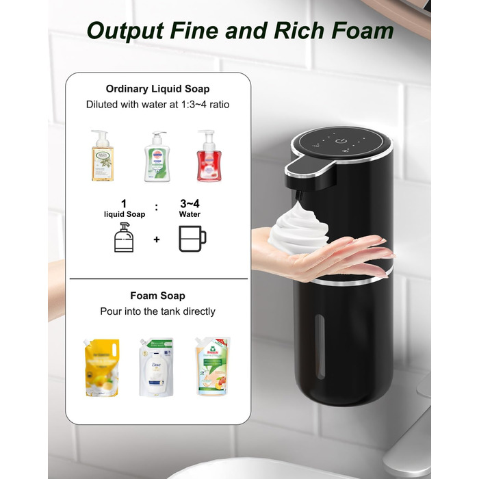 Автоматичний диспенсер для мила Dalugo USB-C, електричний сенсорний дозатор мила з регулюванням 4 рівнів, для кухні та ванної кімнати (білий, чорний, пінистий)