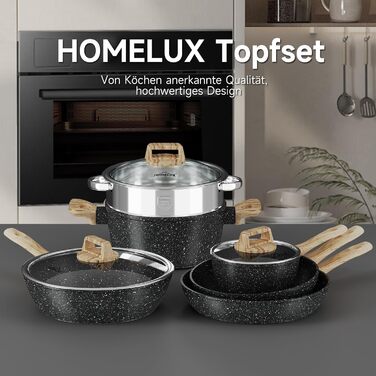 Набір посуду HOMELUX Induktion: 12 предметів, алюміній, антипригарне покриття, з кришками, без PFOA/PFOS, чорний