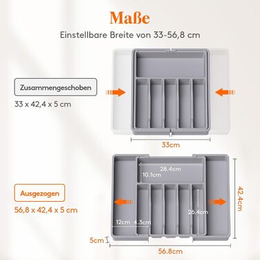 Органайзер для столових приборів Lifewit в шухляду, розсувний, пластиковий, 7-9 відділень, 38-50 см, сірий