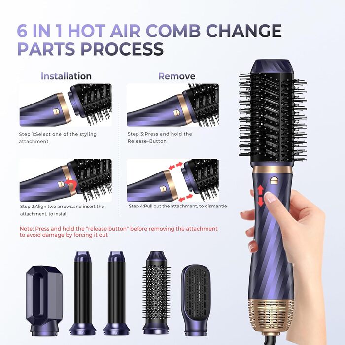 Фен та стайлер для волосся 6 в 1, Набір Airstyler з автоматичною завивкою, кругла щітка-фен, термощітка, фен, гаряча повітряна щітка, подарунковий набір мультистайлер для жінок, чорний (Z-blue)